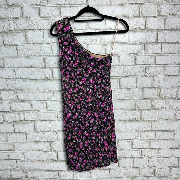Dress the Population Marie Mini Floral One Shoulder Lace Black Pink Green S - Picture 2 of 10